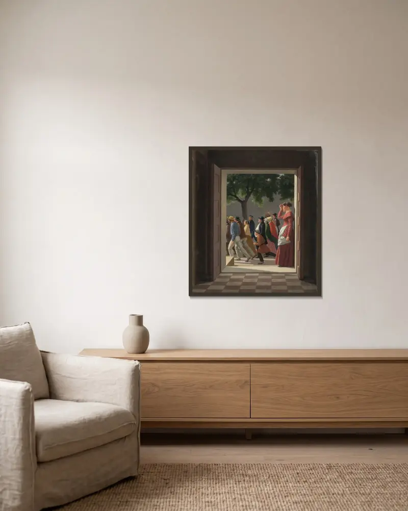 Vy genom en dörr mot springande figurer av Christoffer Wilhelm Eckersberg inramad på en vägg