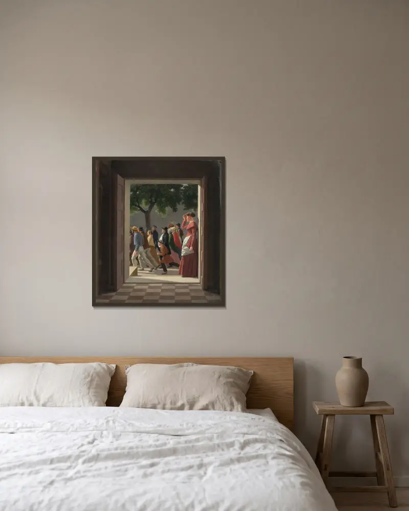 Vy genom en dörr mot springande figurer av Christoffer Wilhelm Eckersberg inramad på en vägg