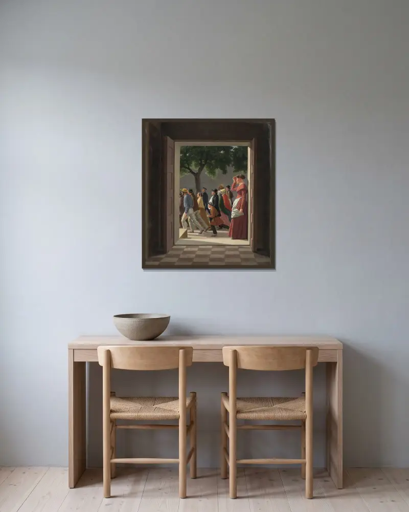 Vy genom en dörr mot springande figurer av Christoffer Wilhelm Eckersberg inramad på en vägg