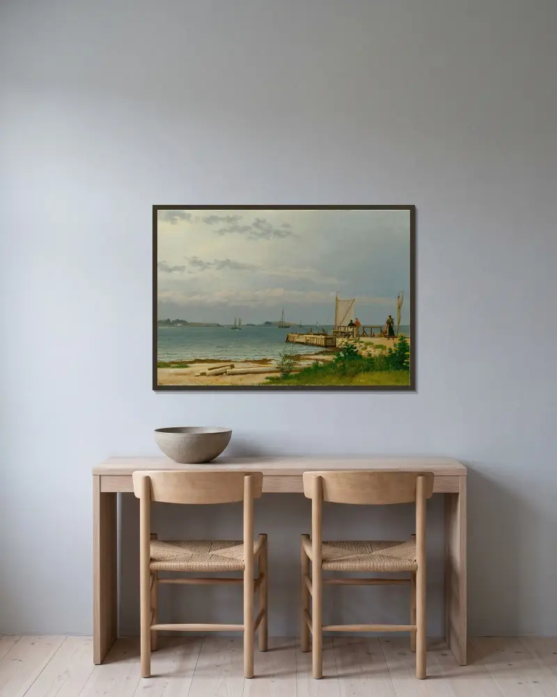 Vy mot Koster från bryggan vid Kallehave av Christoffer Wilhelm Eckersberg inramad på en vägg