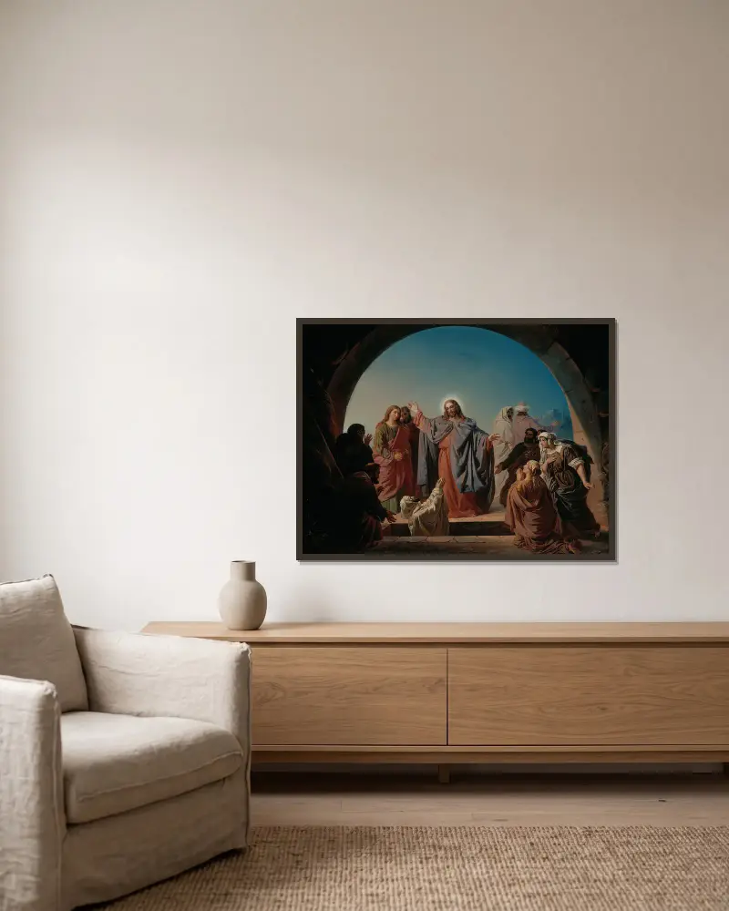 Jesus erweckt Lazarus von Robert Wilhelm Ekman gerahmt an einer Wand