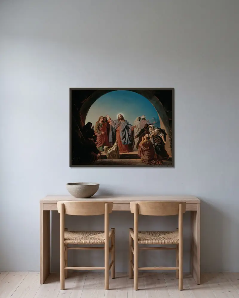 Jesus erweckt Lazarus von Robert Wilhelm Ekman gerahmt an einer Wand