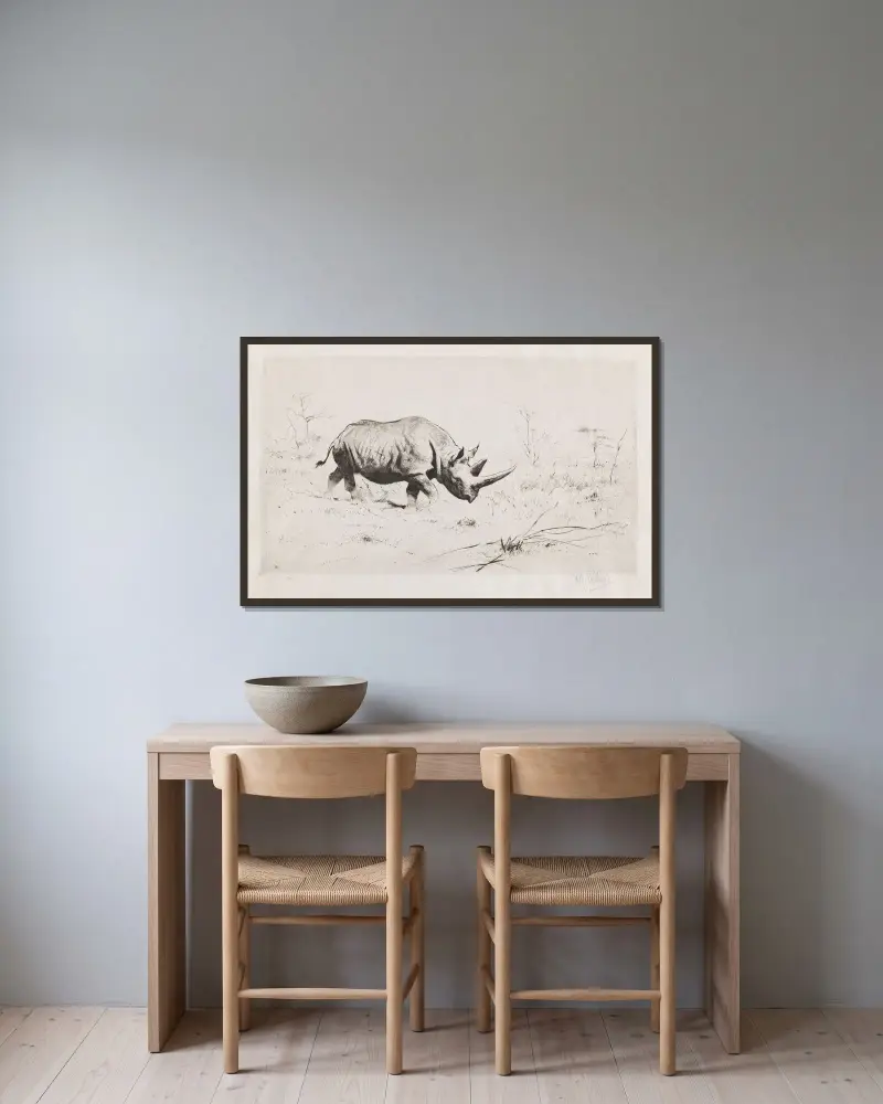 Afrikanisches Nashorn von Wilhelm Kuhnert gerahmt an einer Wand