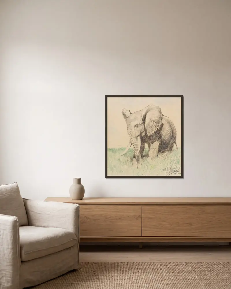 Afrikansk elefant i stäppen av Wilhelm Kuhnert inramad på en vägg
