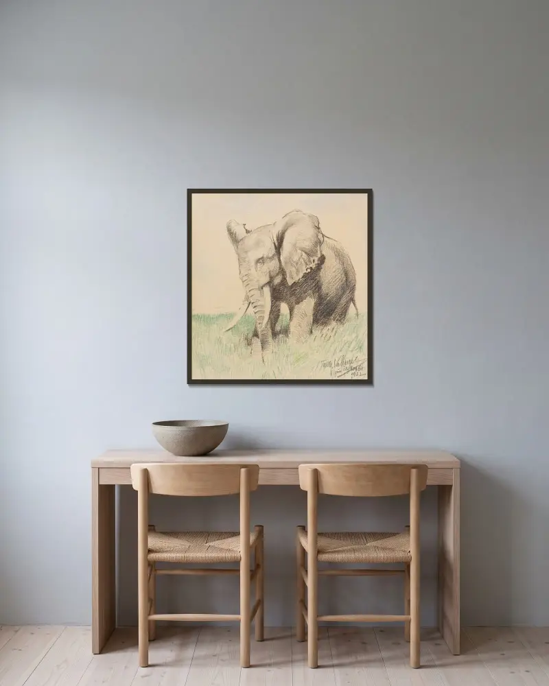 Afrikansk elefant i stäppen av Wilhelm Kuhnert inramad på en vägg