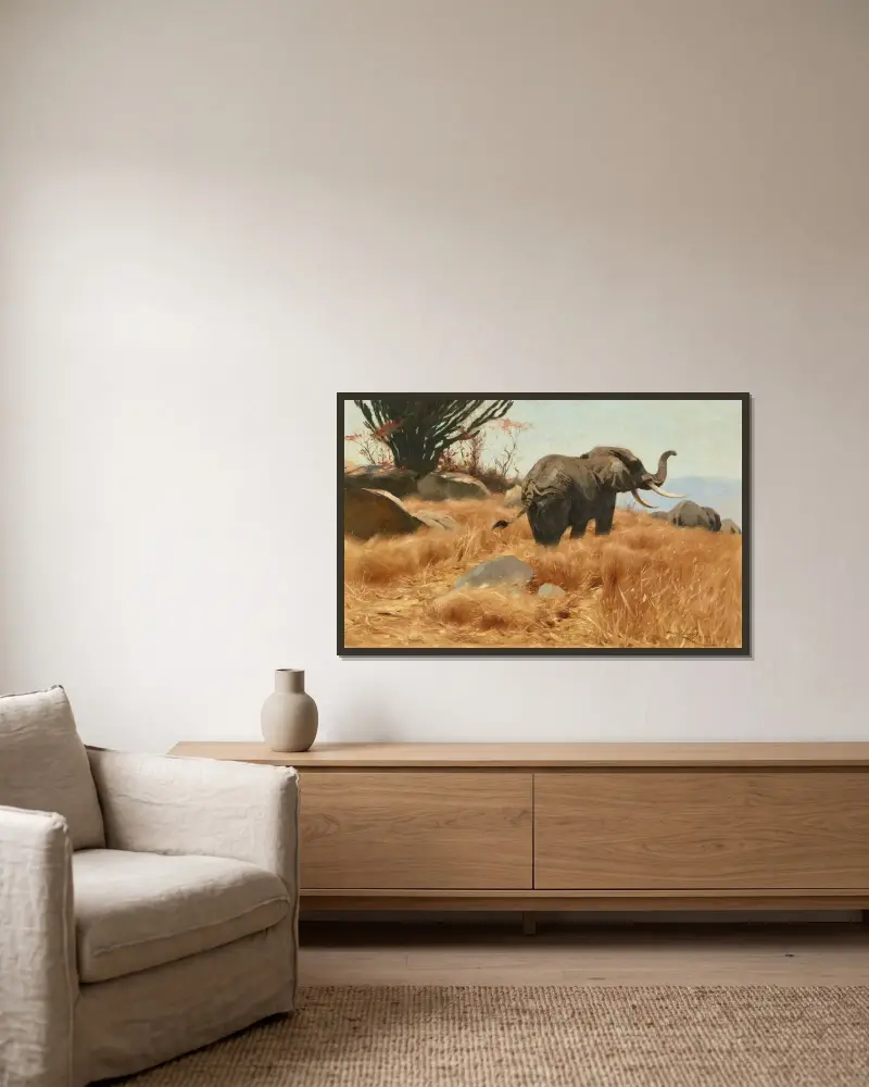 Elefant på savannen av Wilhelm Kuhnert inramad på en vägg