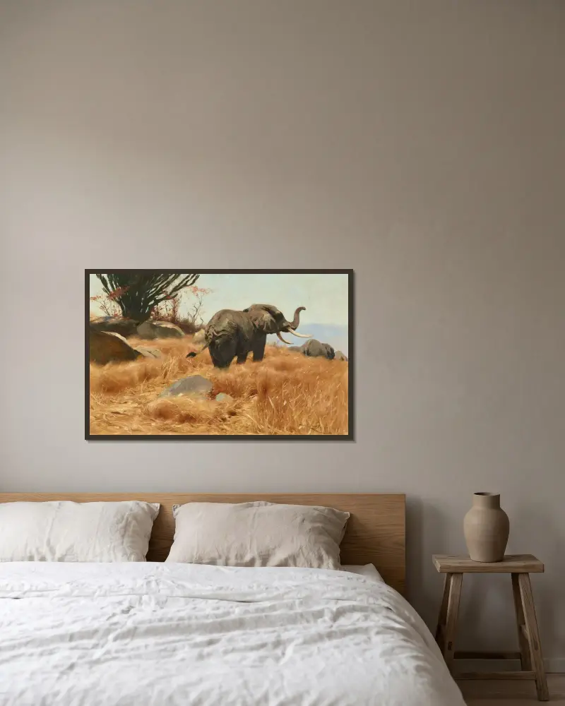 Elefant på savannen av Wilhelm Kuhnert inramad på en vägg