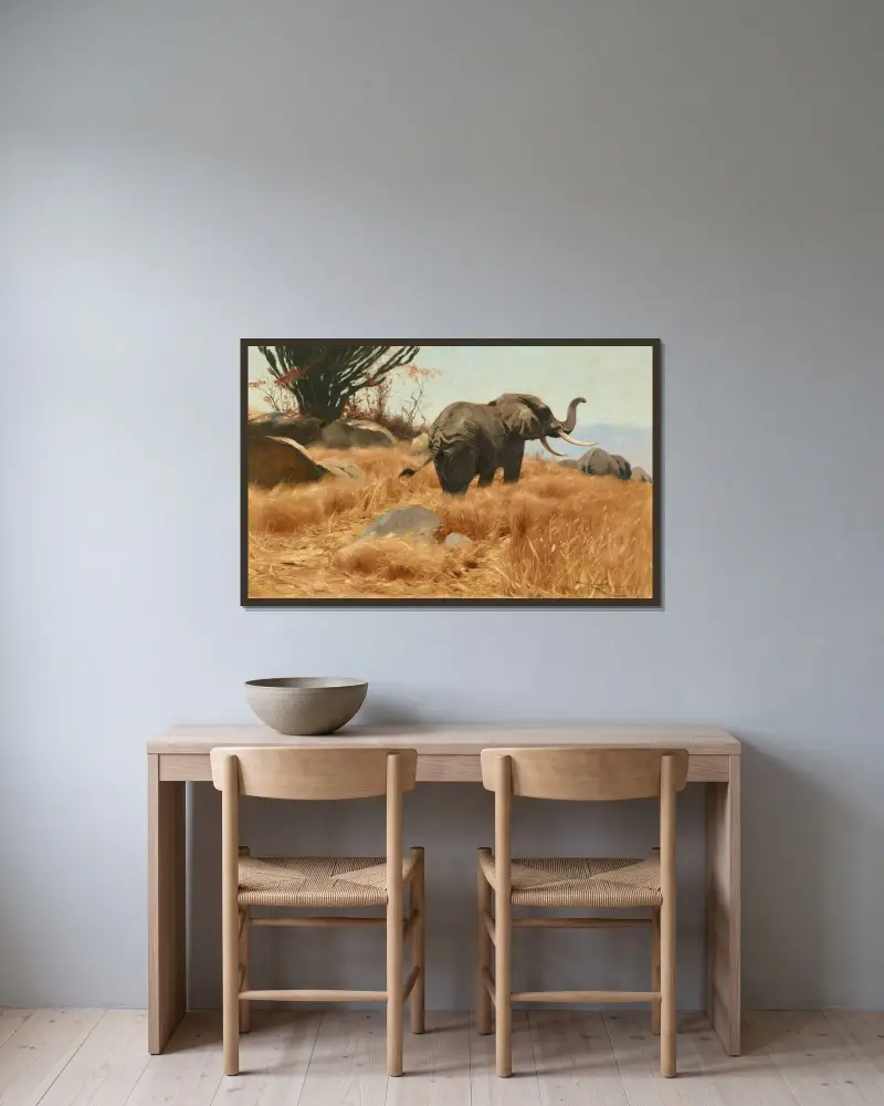 Elefant på savannen av Wilhelm Kuhnert inramad på en vägg