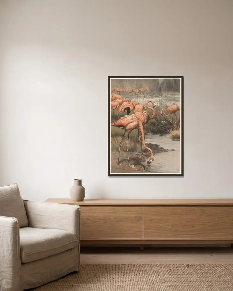 Flamingo von Wilhelm Kuhnert gerahmt an einer Wand