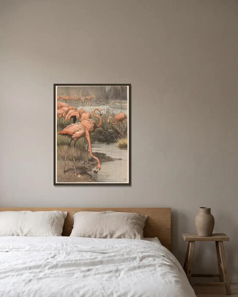 Flamingo von Wilhelm Kuhnert gerahmt an einer Wand
