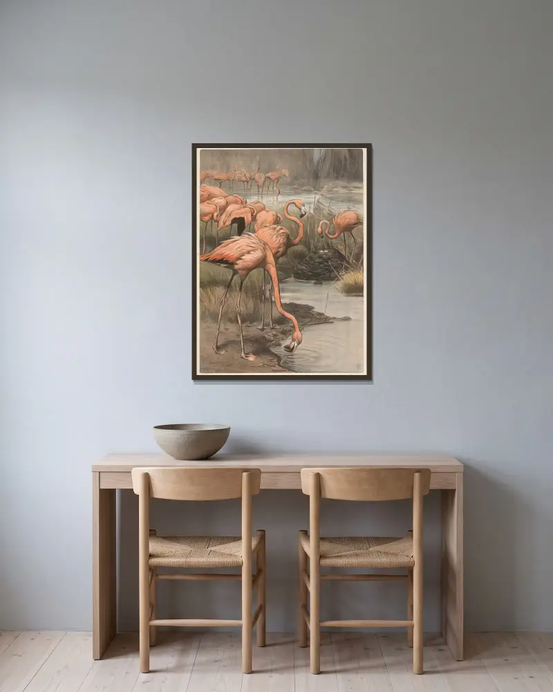 Flamingo von Wilhelm Kuhnert gerahmt an einer Wand