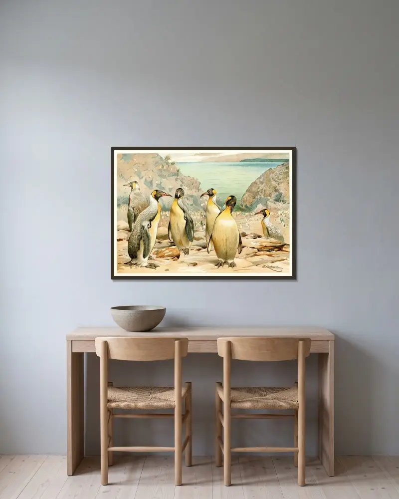 Riesenpinguine von Wilhelm Kuhnert gerahmt an einer Wand