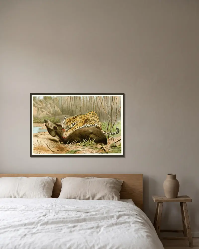 Jaguar tötet Tapir von Wilhelm Kuhnert gerahmt an einer Wand