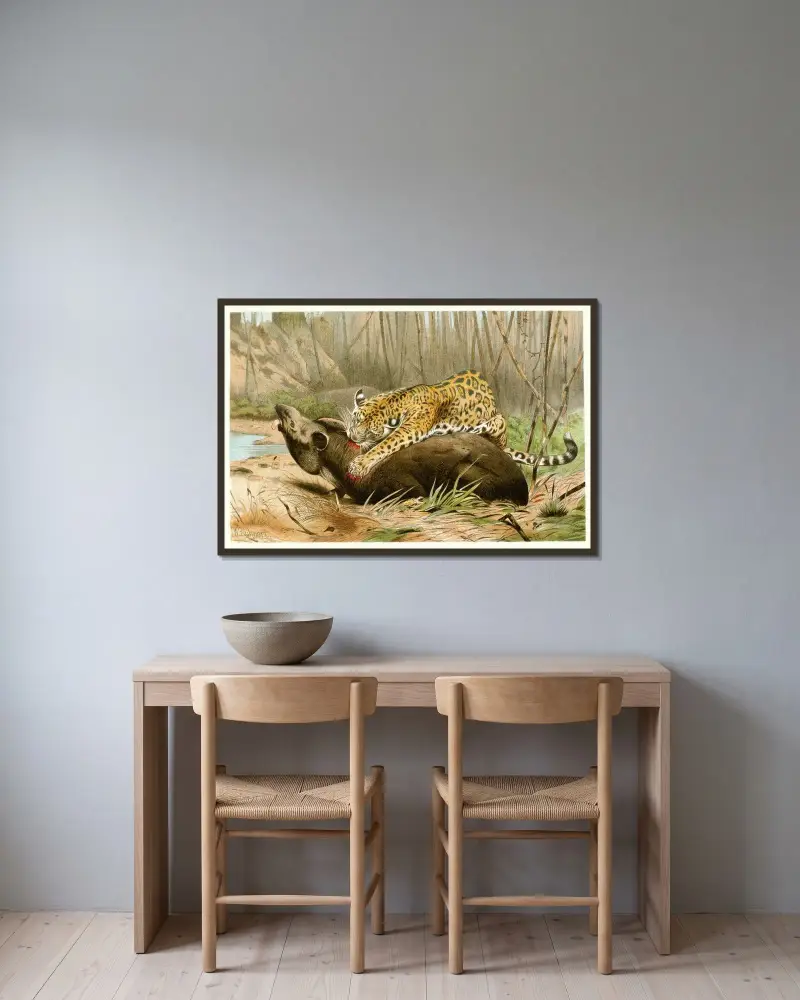 Jaguar tötet Tapir von Wilhelm Kuhnert gerahmt an einer Wand