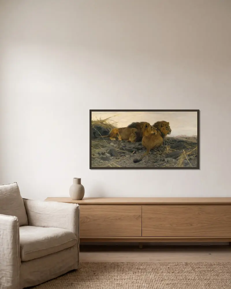 Löwen auf der Wacht von Wilhelm Kuhnert gerahmt an einer Wand