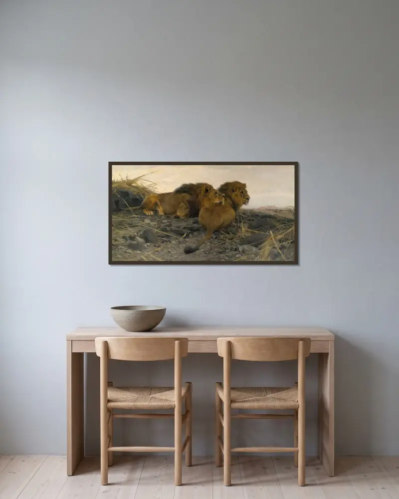 Löwen auf der Wacht von Wilhelm Kuhnert gerahmt an einer Wand