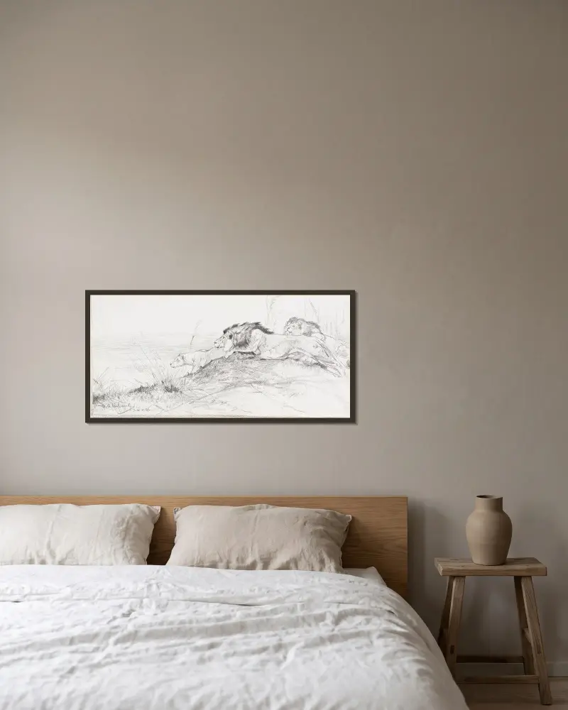 Löwen auf der Lauer von Wilhelm Kuhnert gerahmt an einer Wand
