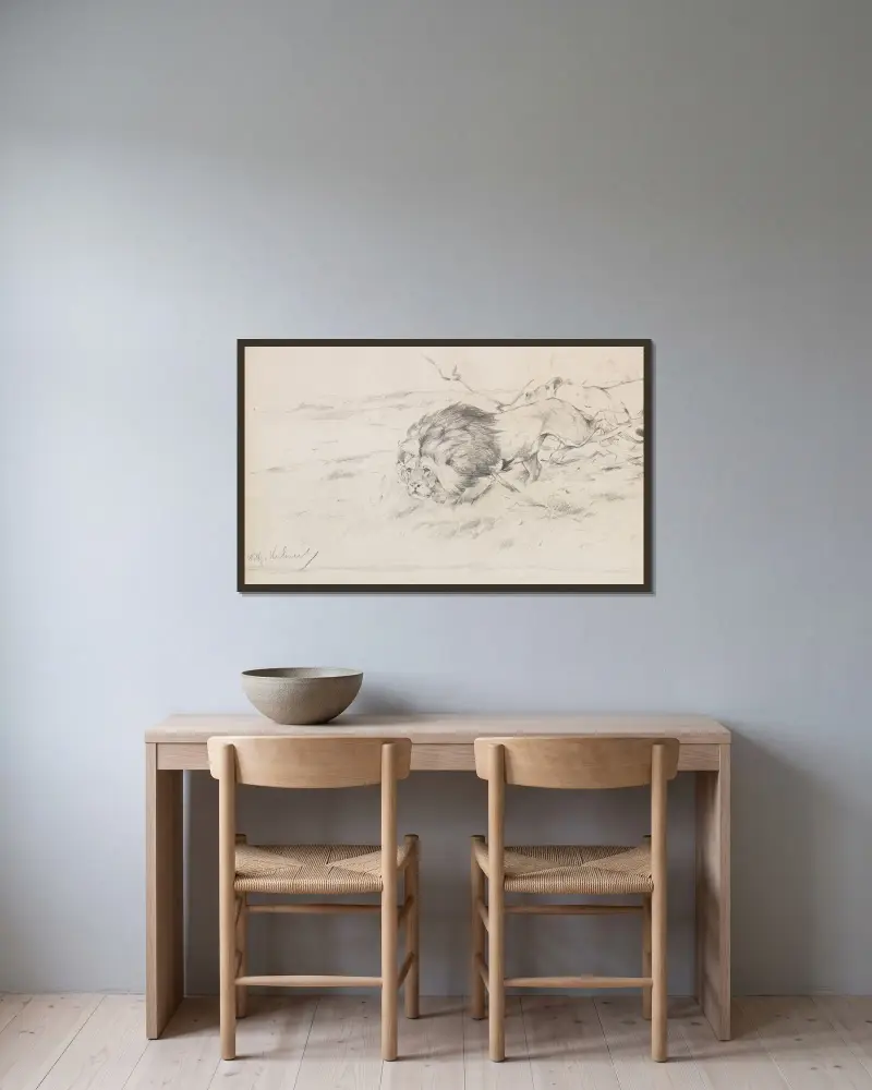 Löwenpaar auf der Pirsch von Wilhelm Kuhnert gerahmt an einer Wand