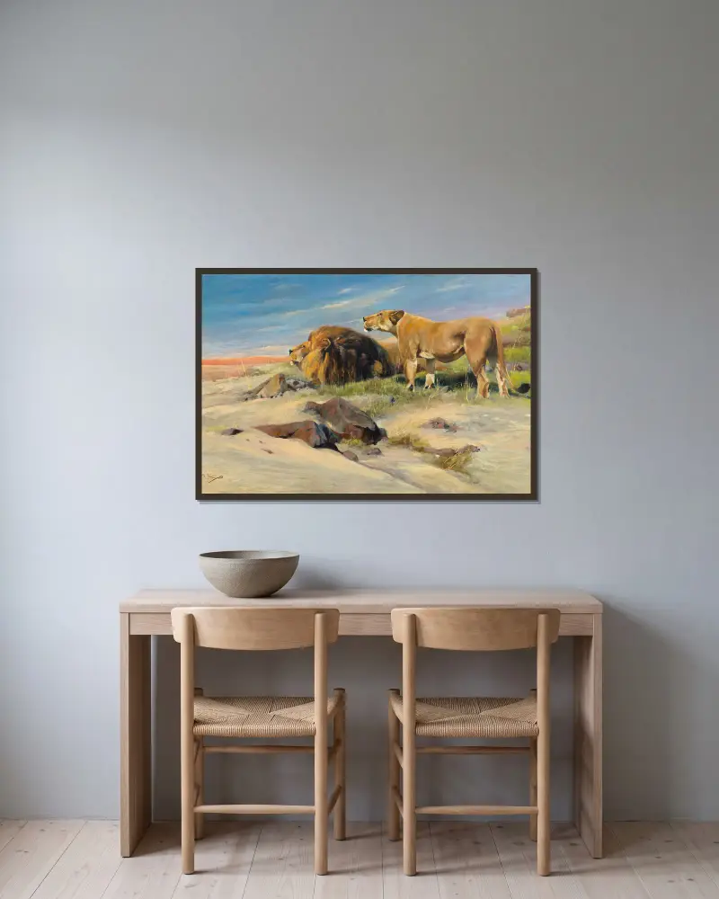 Löwenpaar in der Steppe av Wilhelm Kuhnert inramad på en vägg