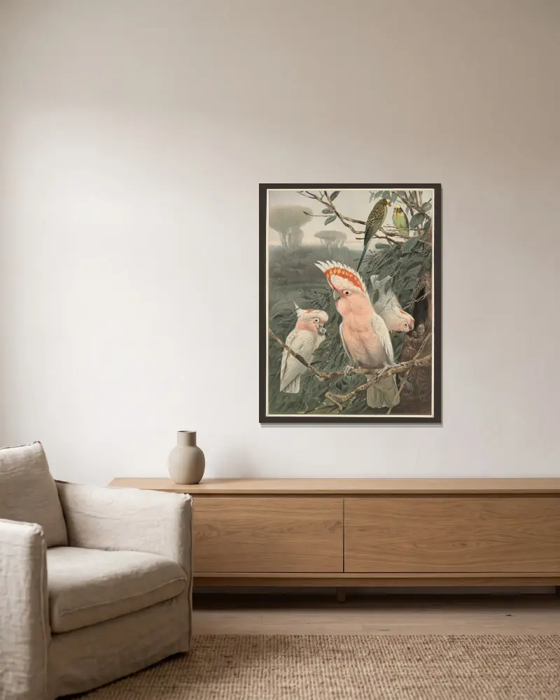 Pink cockatoo av Wilhelm Kuhnert inramad på en vägg