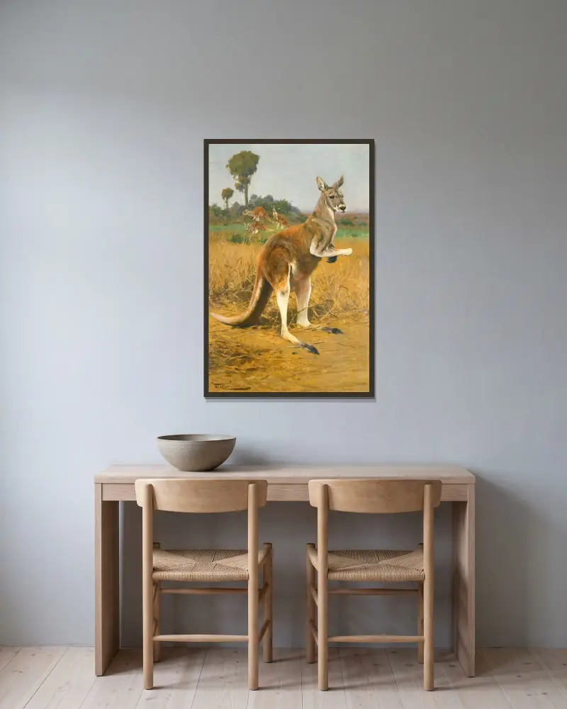 Rote Kängurus im australischen Outback von Wilhelm Kuhnert gerahmt an einer Wand