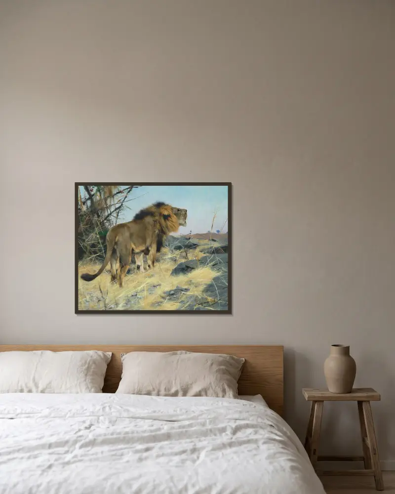 Roaring Lion av Wilhelm Kuhnert inramad på en vägg