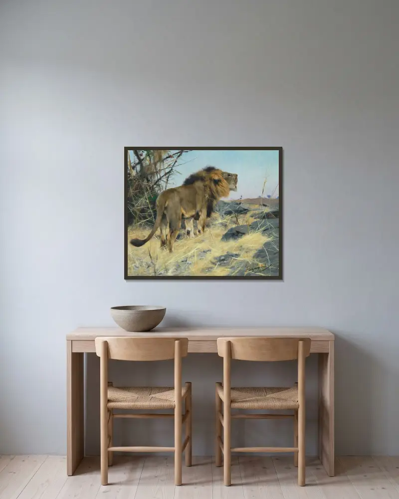 Roaring Lion av Wilhelm Kuhnert inramad på en vägg