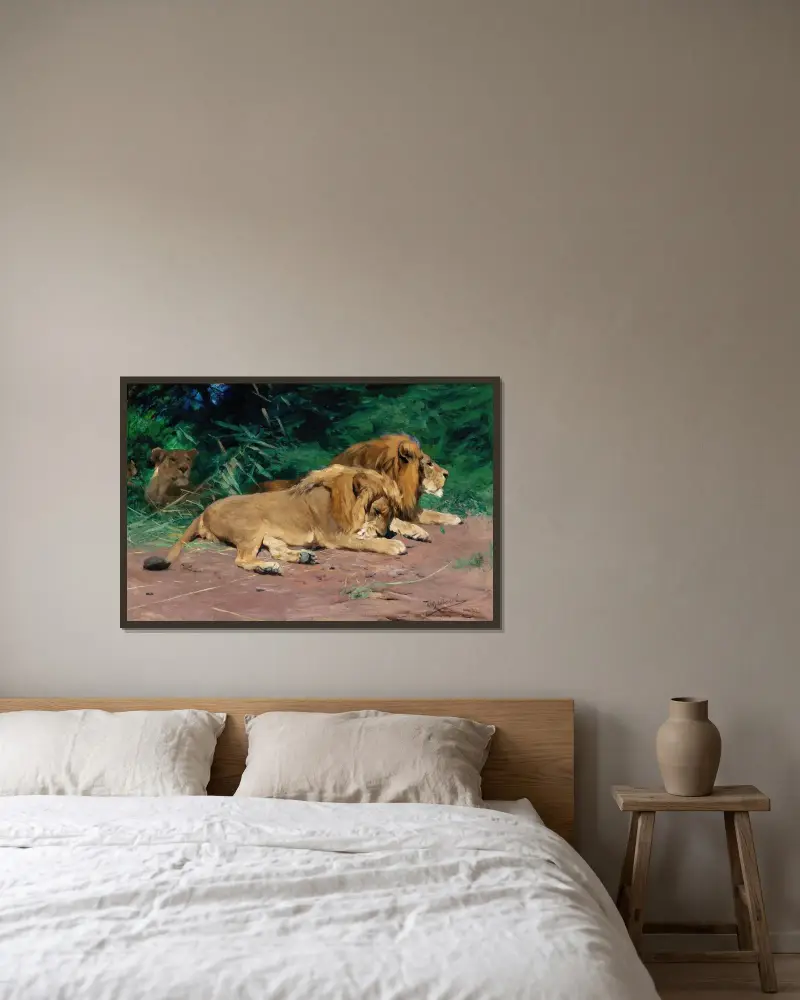 Ruhende Löwen (Lions at Rest) av Wilhelm Kuhnert inramad på en vägg