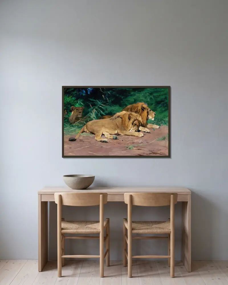 Ruhende Löwen (Lions at Rest) av Wilhelm Kuhnert inramad på en vägg