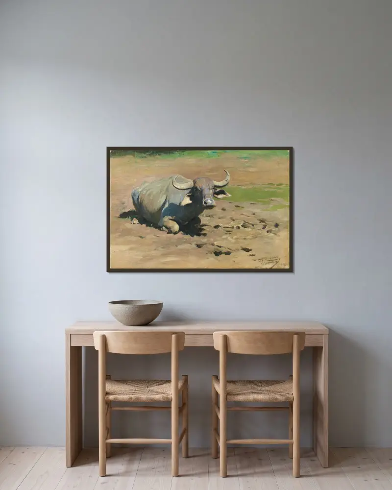 Vilande buffel av Wilhelm Kuhnert inramad på en vägg