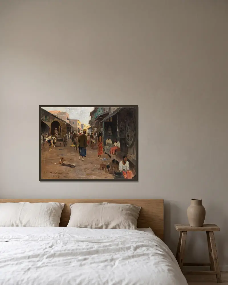 Straßenszene auf Ceylon (Sri Lanka) von Wilhelm Kuhnert gerahmt an einer Wand