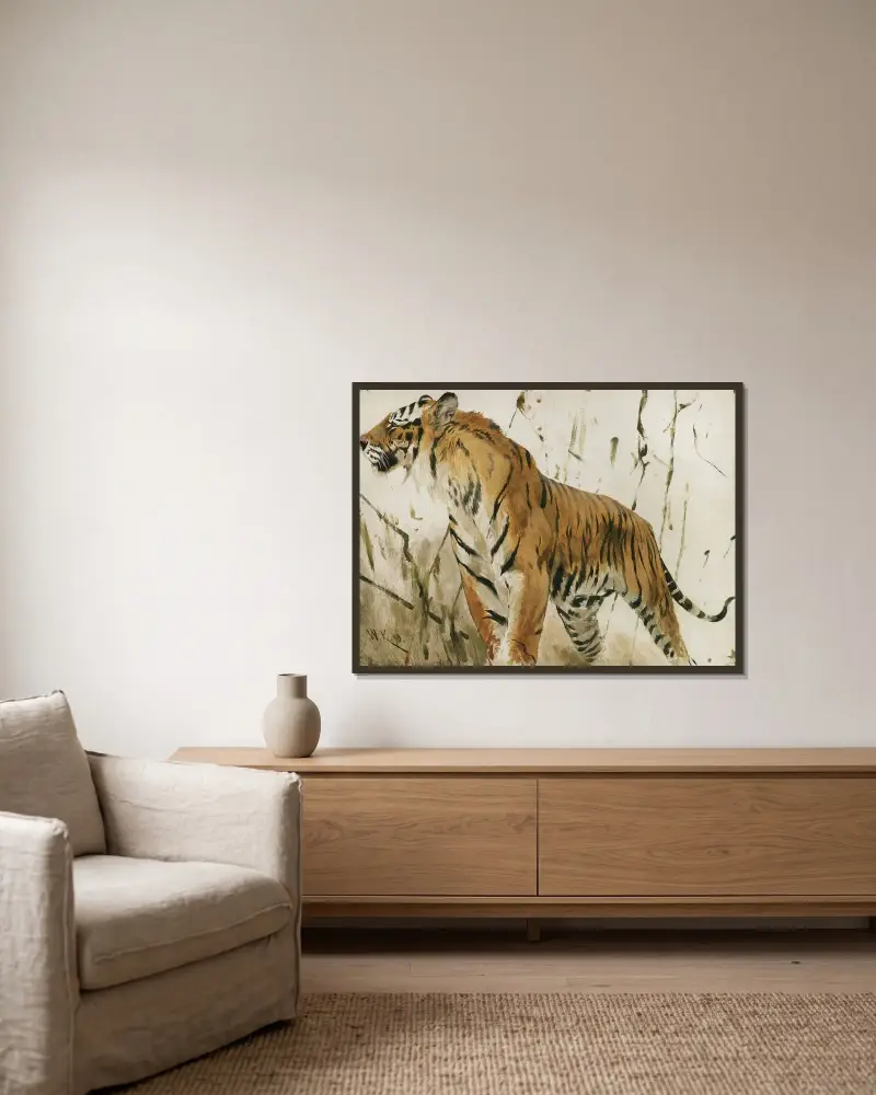 Studie av en tiger av Wilhelm Kuhnert inramad på en vägg