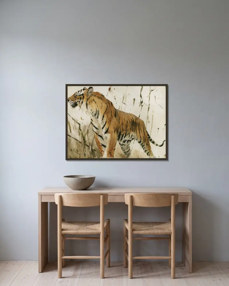 Studie av en tiger av Wilhelm Kuhnert inramad på en vägg
