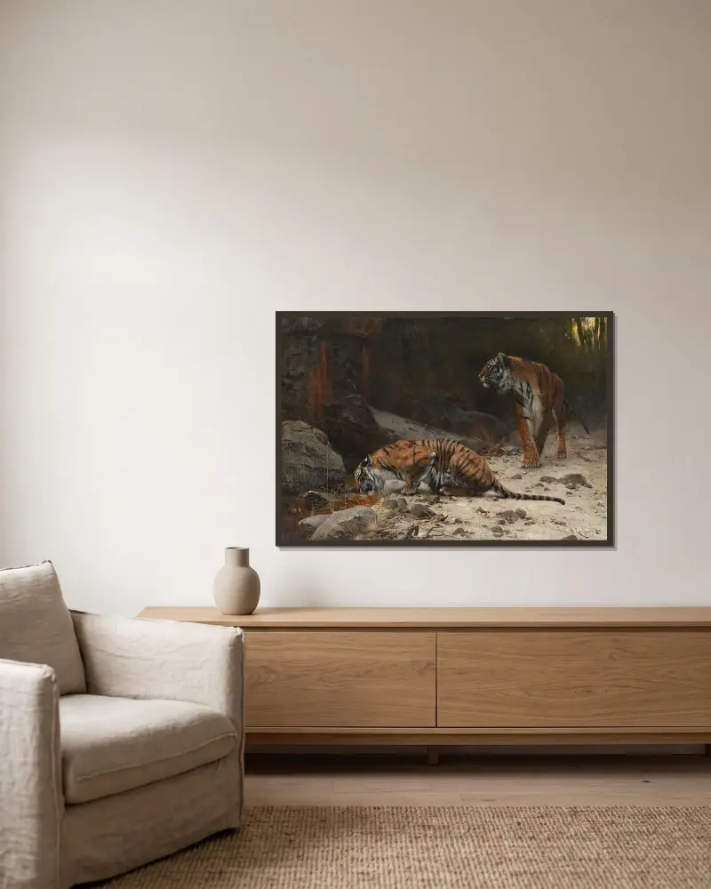Tiger vid ett vattenhål av Wilhelm Kuhnert inramad på en vägg