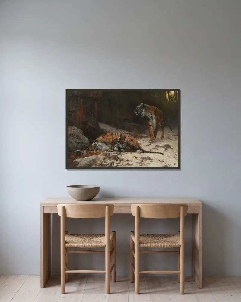 Tiger vid ett vattenhål av Wilhelm Kuhnert inramad på en vägg