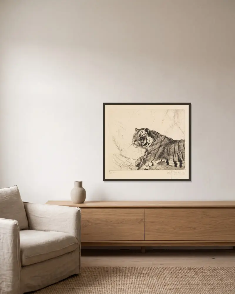 Tiger av Wilhelm Kuhnert inramad på en vägg