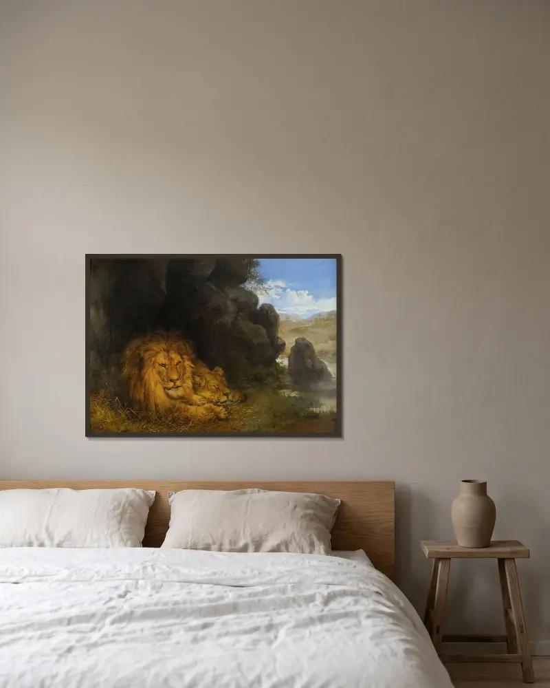 Två lejon i en grotta av Wilhelm Kuhnert inramad på en vägg