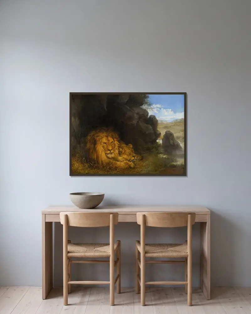 Två lejon i en grotta av Wilhelm Kuhnert inramad på en vägg