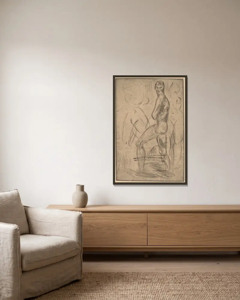 Standing Male Nude and Two Female Nudes av Wilhelm Lehmbruck inramad på en vägg