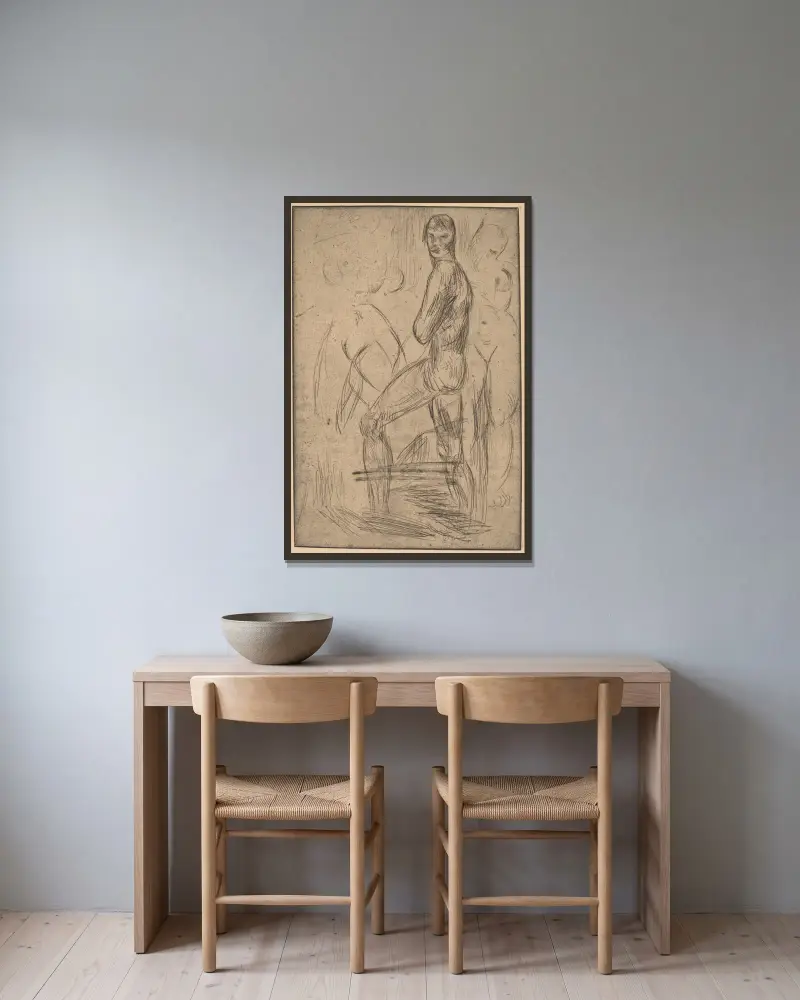 Standing Male Nude and Two Female Nudes av Wilhelm Lehmbruck inramad på en vägg