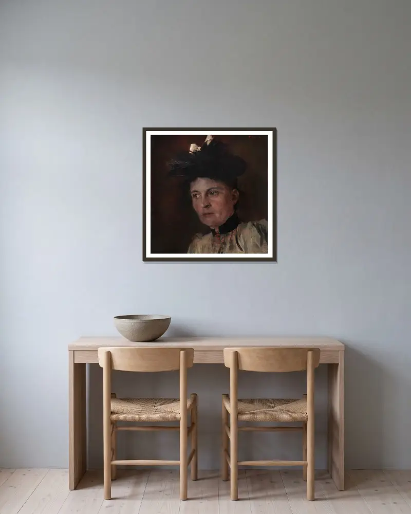 Bildnis Frau Auguste Mayr av Wilhelm Leibl inramad på en vägg