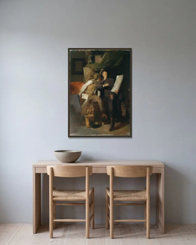Die Kritiker von Wilhelm Leibl gerahmt an einer Wand