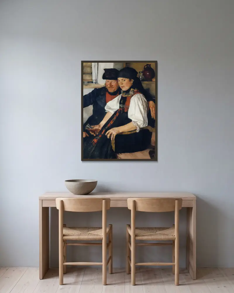 Elderly Farmer and Young Girl av Wilhelm Leibl inramad på en vägg