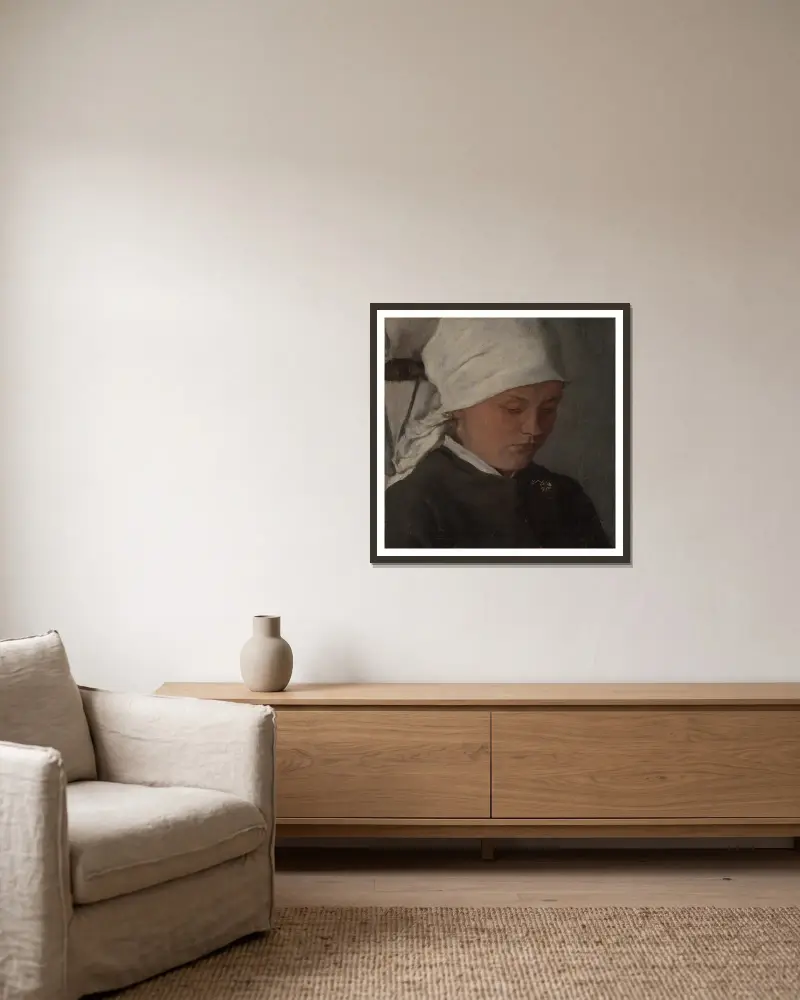 Peasant Girl with a White Headcloth av Wilhelm Leibl inramad på en vägg
