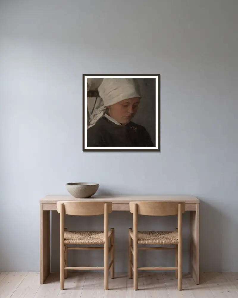 Peasant Girl with a White Headcloth av Wilhelm Leibl inramad på en vägg