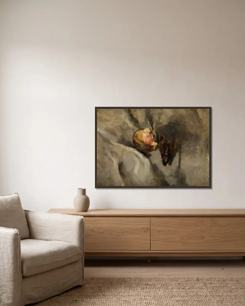 Dödskallefjäril med svamp på vit duk av Wilhelm Leibl inramad på en vägg