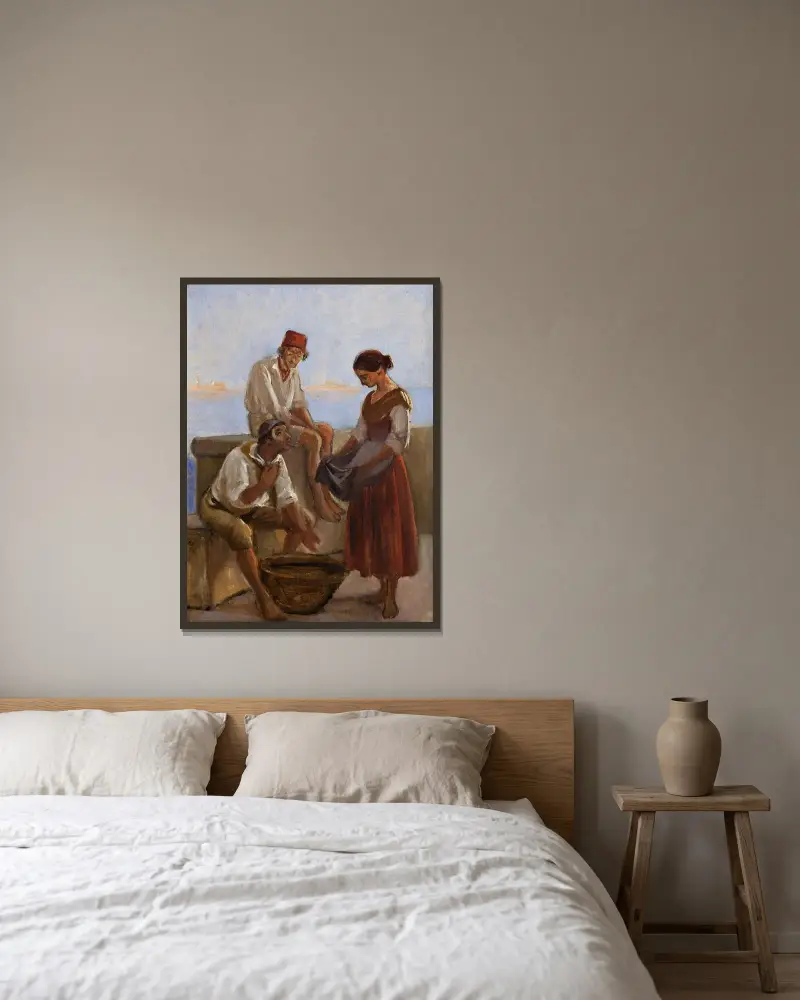 Ein junges Mädchen und zwei Fischer von Wilhelm Marstrand gerahmt an einer Wand