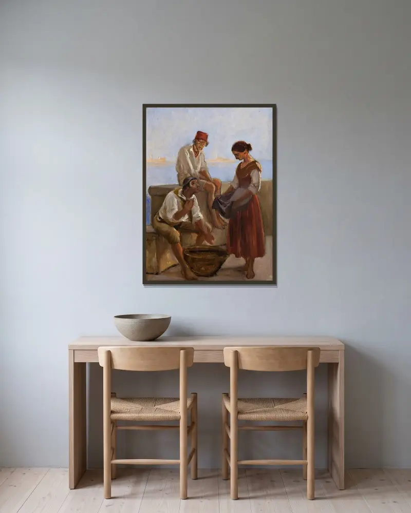 Ein junges Mädchen und zwei Fischer von Wilhelm Marstrand gerahmt an einer Wand