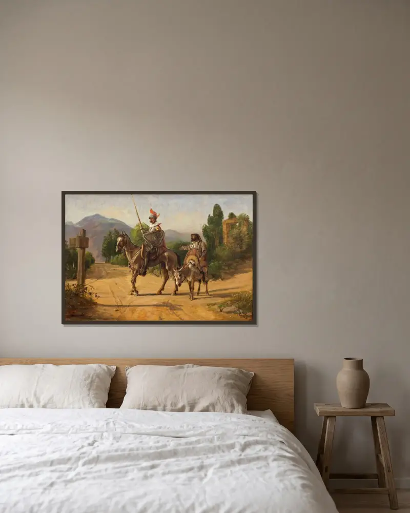 Don Quijote und Sancho Panza am Scheideweg von Wilhelm Marstrand gerahmt an einer Wand