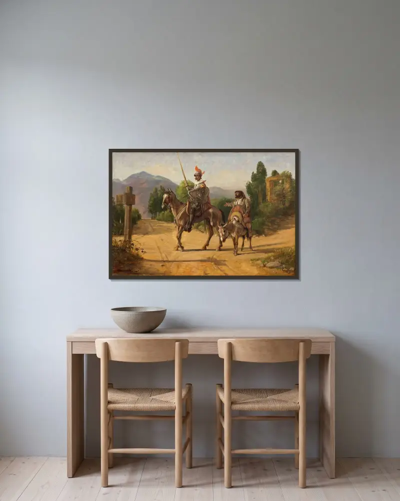 Don Quijote und Sancho Panza am Scheideweg von Wilhelm Marstrand gerahmt an einer Wand